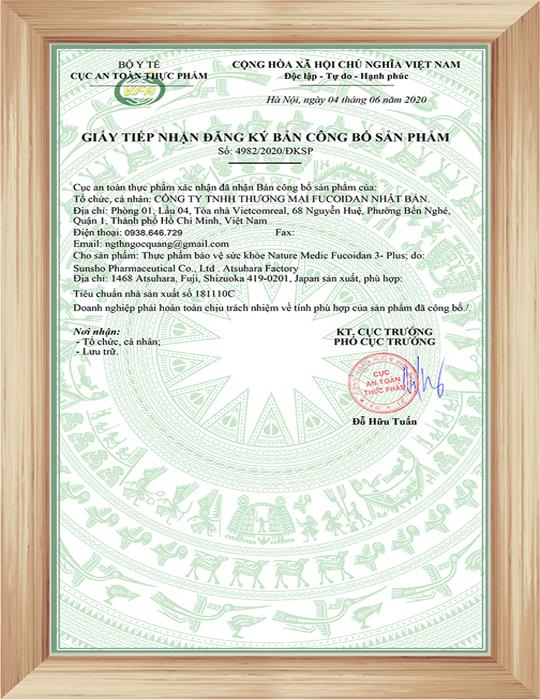 Giấy công bố sản phẩm Fucoidan 3-Plus Chính Hãng Nhật Bản